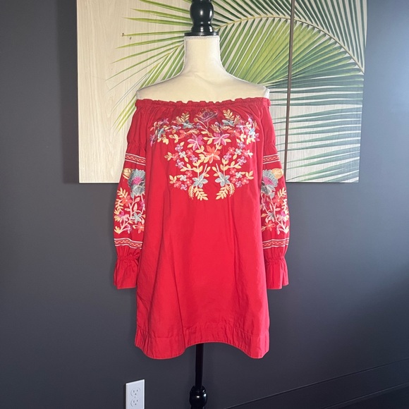 Free People Red Floral Embroidered Off The Shoulder Mini Dress XS - Picture 2 of 10